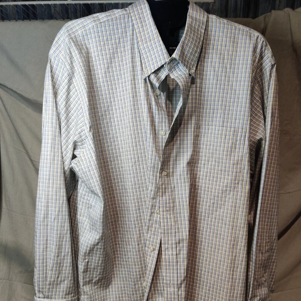 Lands End Shirt Men's 18.5/35 No Iron Pinpoint Oxford Button Down Plaid Prep